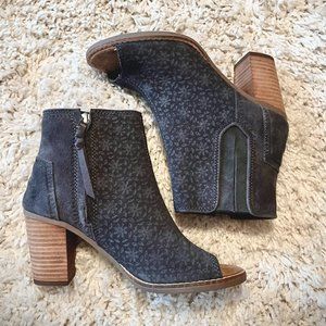 TOMS Majorca Peep Toe Booties, Dark Grey Suede, Floral Embossed -- SUPER CUTE!